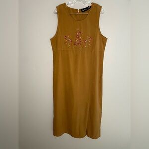 Tip Top Vintage Women's Maxi Dress Embroidered Sleeveless Brown Suede Empire